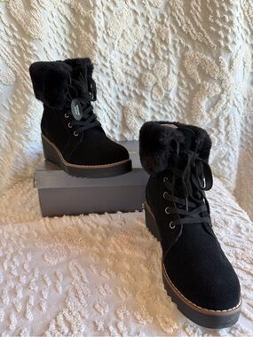 Style & Co. Black Faux-Fur Wedge Lace-Up Ankle Boots #735